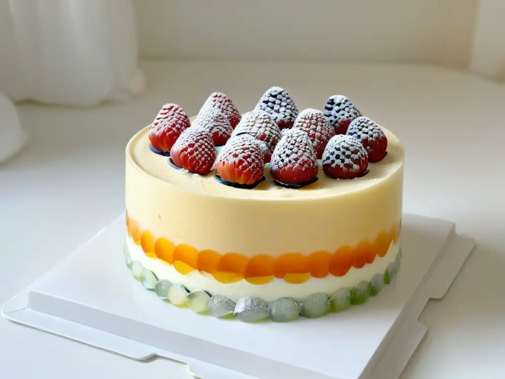 Un postre saludable con capas de gelatina en tonos pastel, reflejando luz en un vaso transparente