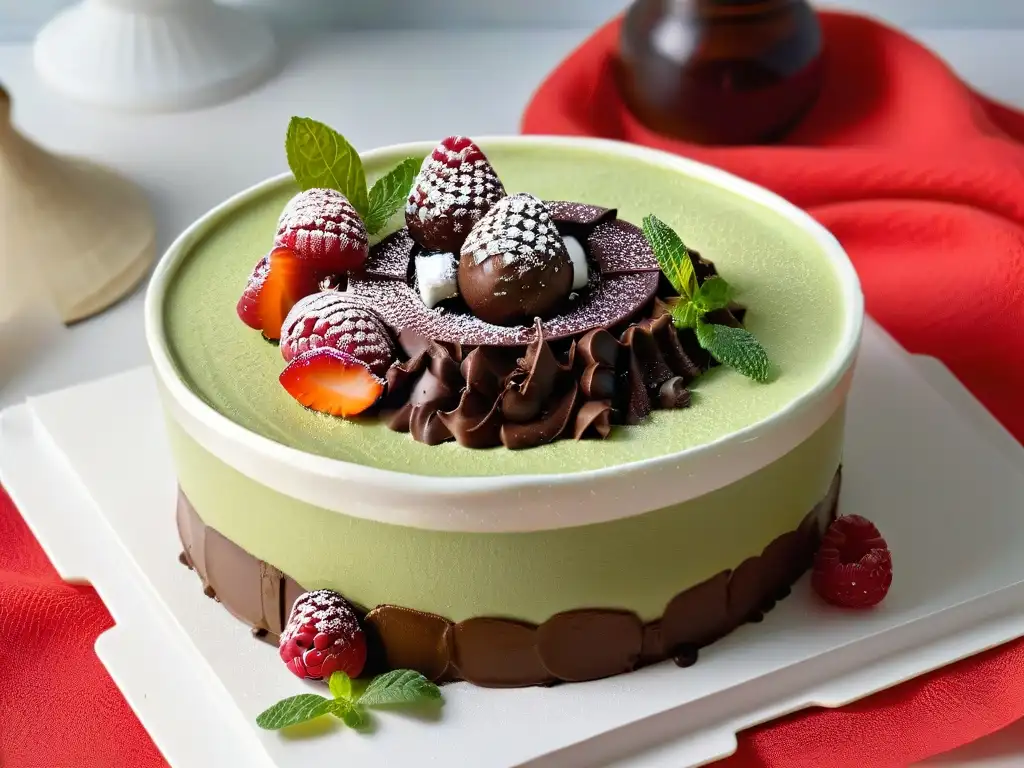 Un postre sin azúcar saludable: mousse de chocolate y aguacate con frambuesas y menta en bol blanco