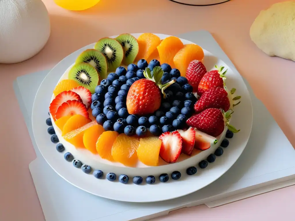 Un postre saludable y colorido con kiwi, fresas, naranjas y arándanos en un plato blanco sobre fondo pastel