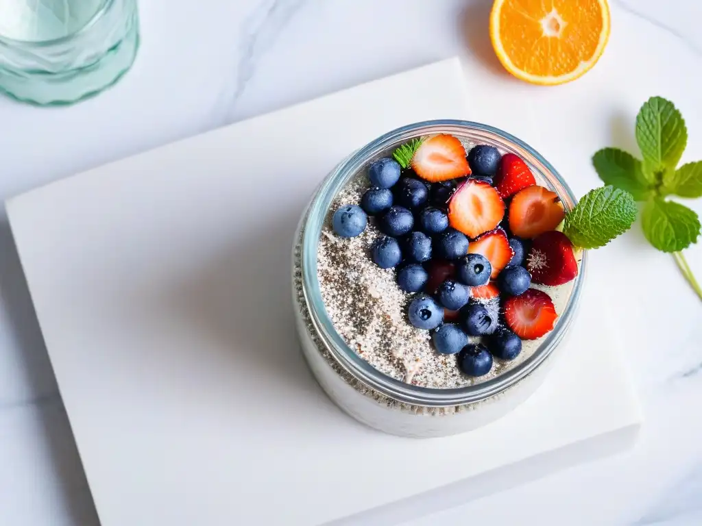 Postre saludable sin culpa: Chía pudding con frutas frescas y coco en elegante presentación sobre mármol blanco