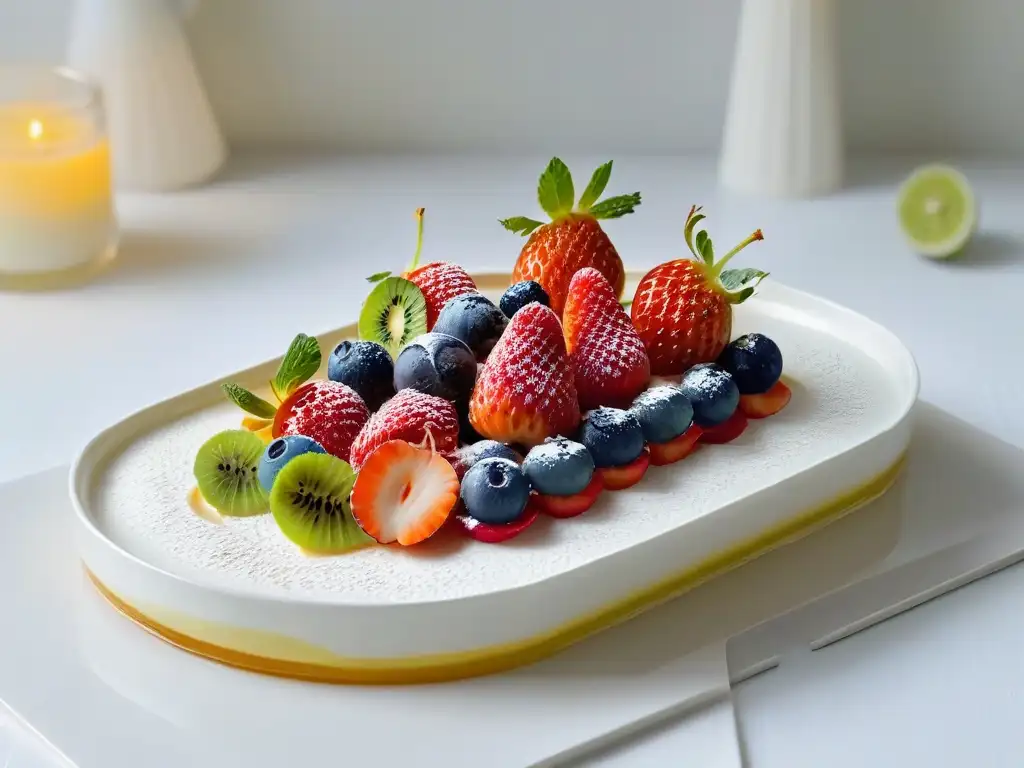 Delicioso postre de frutas frescas: exquisita salud en cada bocado Un postre saludable y decadente con beneficios de postres saludables: Frutas frescas vibrantes en plato blanco, con miel natural y luz suave