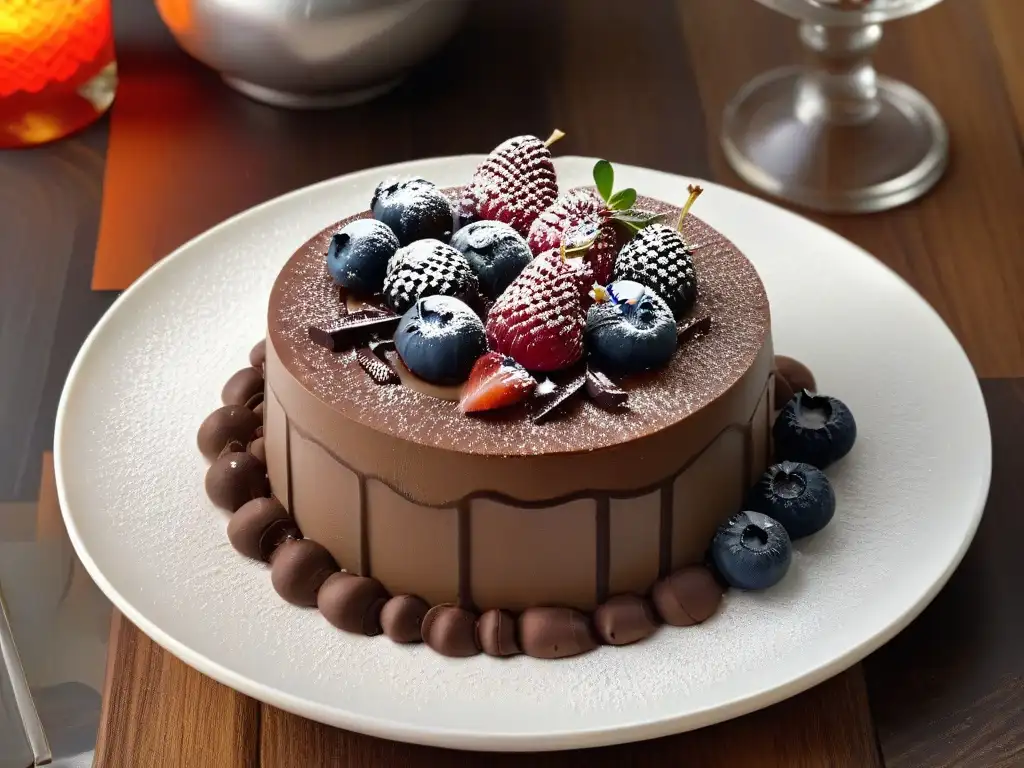 Un postre saludable y decadente con mousse de chocolate oscuro y frutas frescas