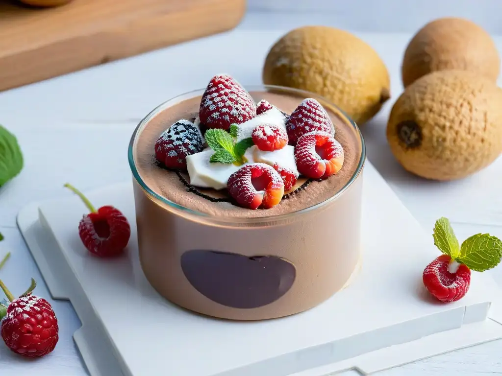 Postre keto saludable y delicioso: exquisita mousse de chocolate y aguacate con frambuesas frescas y hojas de menta