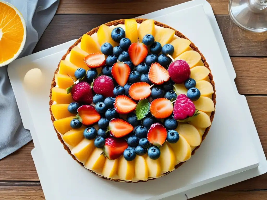 Postre saludable y delicioso: Una tarta de frutas decorada con elegancia, bayas vibrantes sobre una base dorada