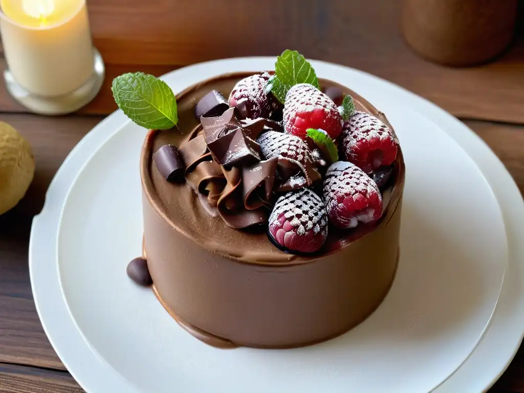 Postre sin azúcar saludable: exquisita mousse de chocolate y aguacate con frambuesas y menta en copa elegante