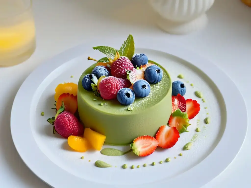 Un postre sostenible con ingredientes reciclados: una delicia vibrante y visualmente atractiva en un elegante plato moderno sobre un fondo blanco impecable