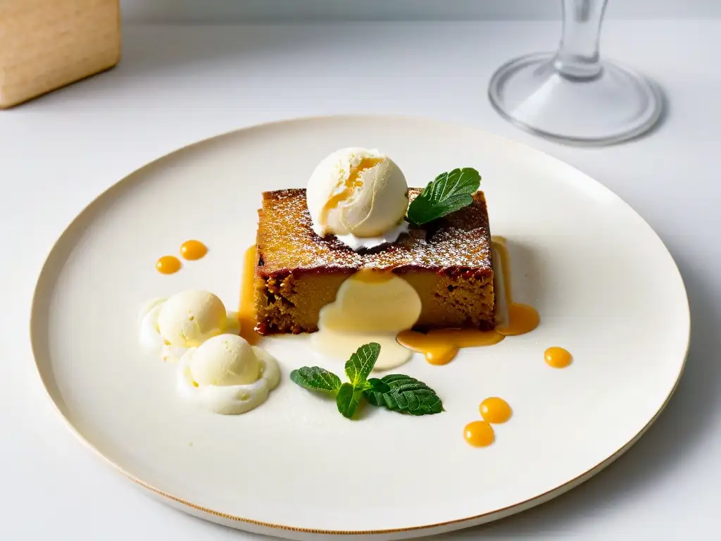 Un postre sudafricano: rebanada de Malva Pudding con helado de vainilla y menta fresca en plato blanco