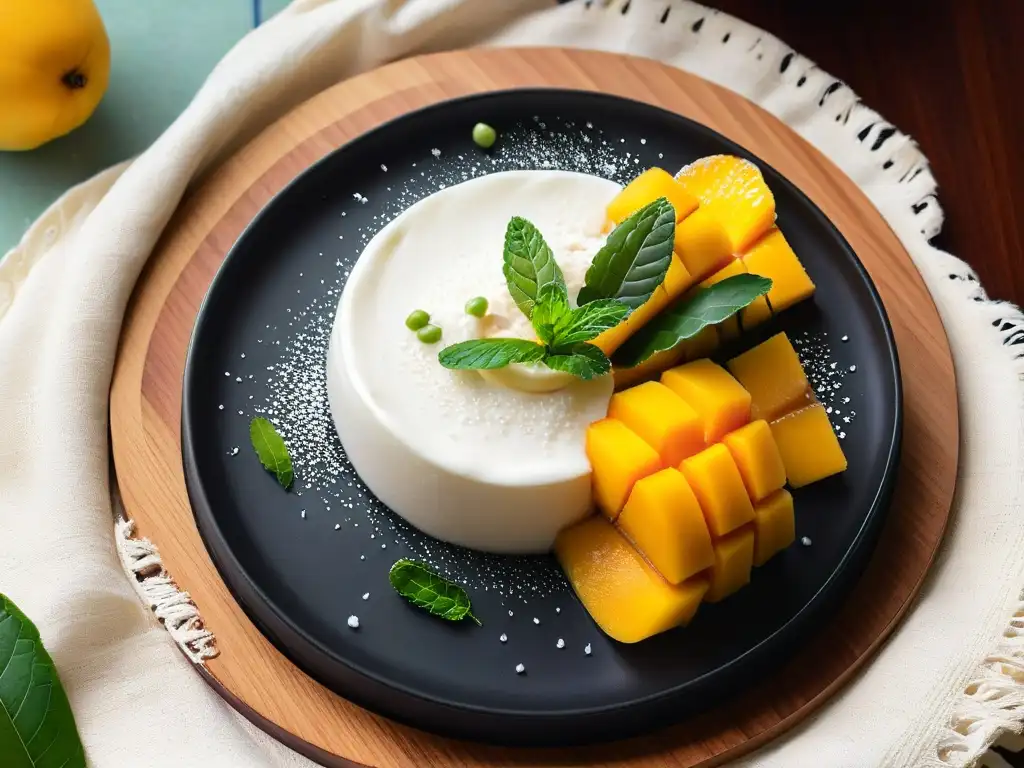 Exquisito postre tailandés: Mango Sticky Rice con Coco y Menta Un postre tailandés exquisitamente decorado con arroz pegajoso de mango, crema de coco y mango fresco