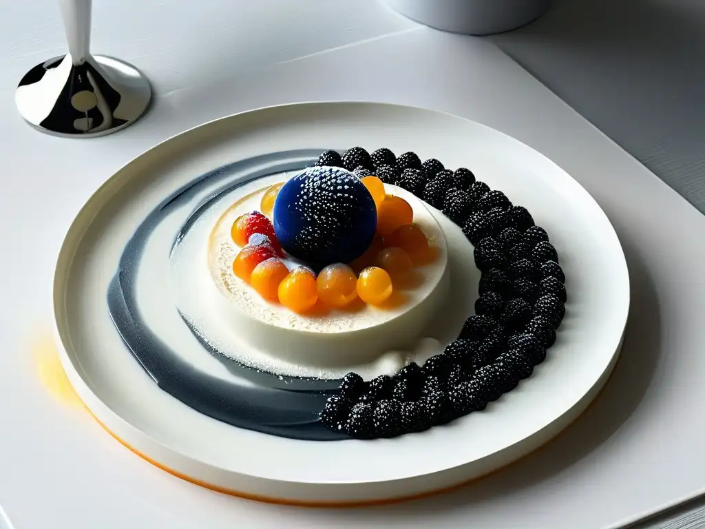 Un postre de técnicas moleculares: espuma etérea y caviar de frutas en un elegante plato moderno