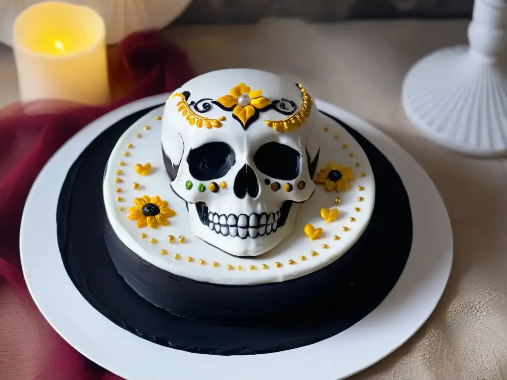 Un postre de terror inspirado en el cine: un elegante plato negro con una calavera de azúcar decorada con plata y oro, en un fondo blanco