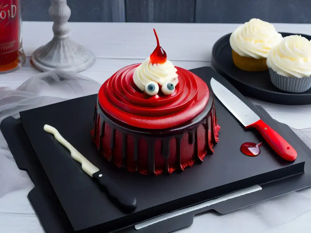 Postre de terror inspirado en cine: Cupcake de terciopelo rojo con cuchillo de chocolate blanco, ojos de gominola y sangre comestible