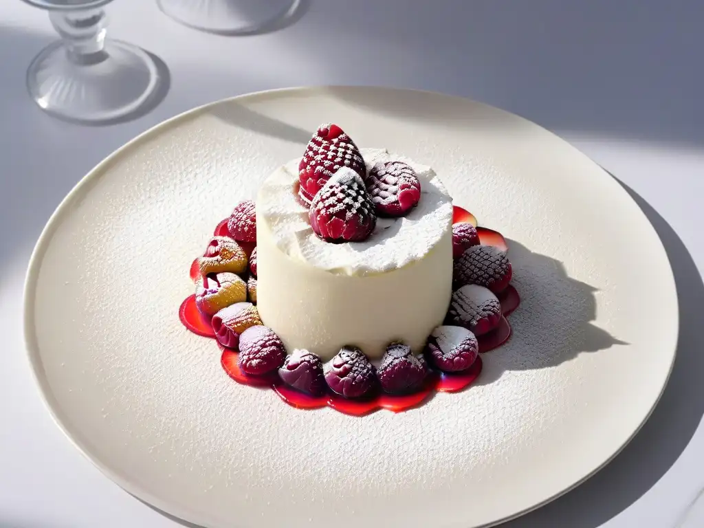 Un postre de textura perfecta cocinado al vacío, con un acabado brillante y una decoración elegante de azúcar y frambuesa fresca