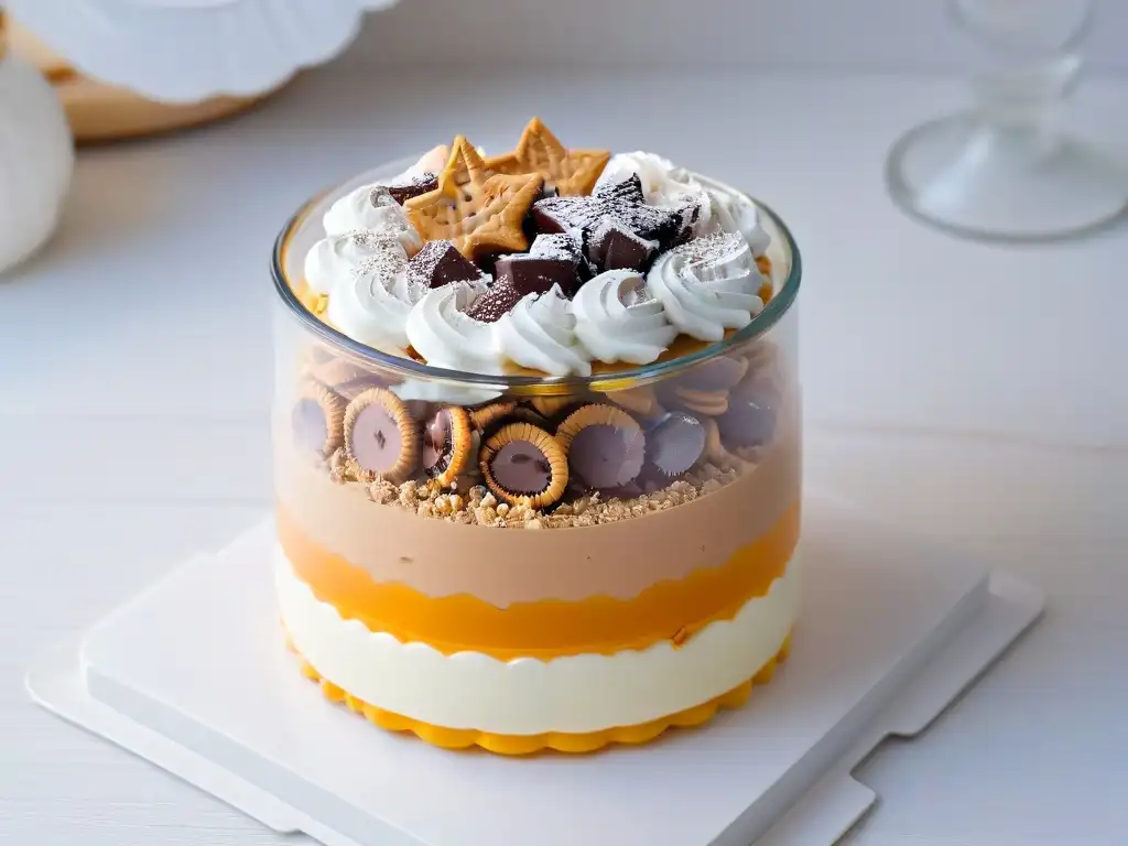 Delicioso postre en capas: chocolate, crema y galleta en tarro Un postre en vasito con capas vibrantes y texturas tentadoras: mousse de chocolate, crema batida y galleta crujiente