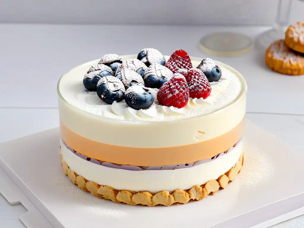 Un postre en vaso con capas de mousse, galletas y frutas, sobre mármol