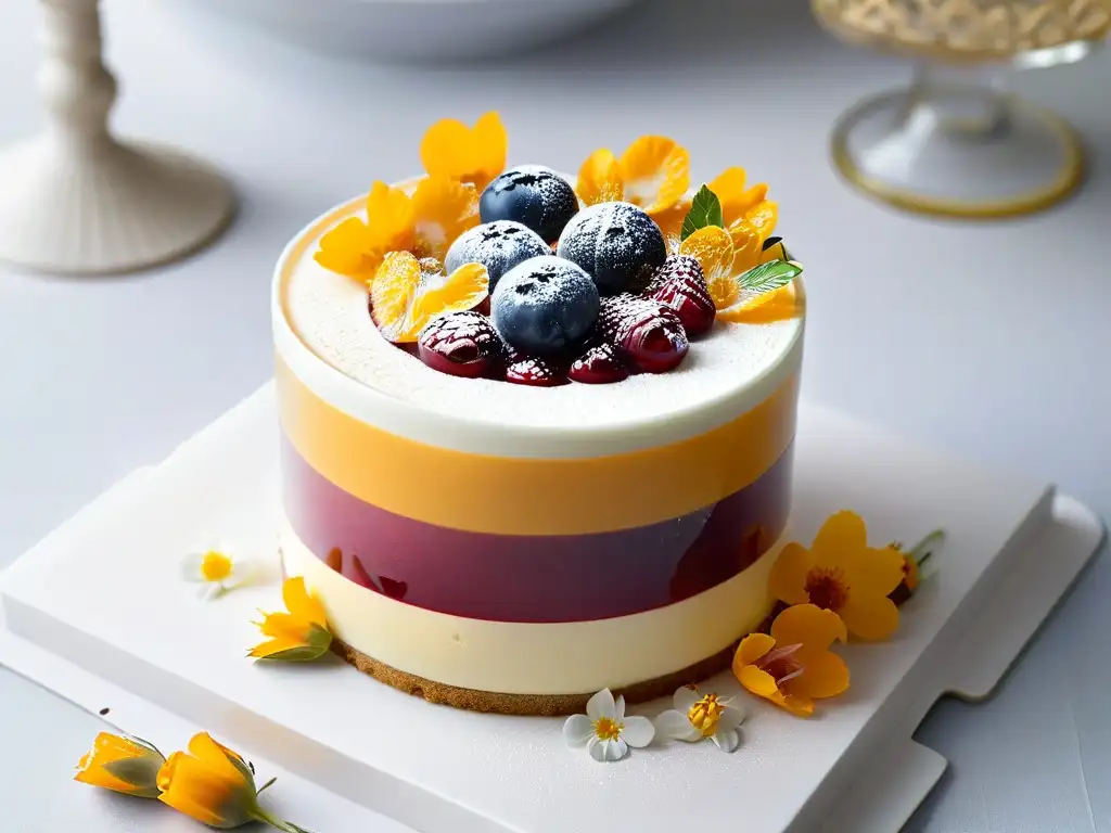 Un postre en vaso exquisito y sofisticado con mousse, compota de frutas y flores comestibles, reflejando elegancia