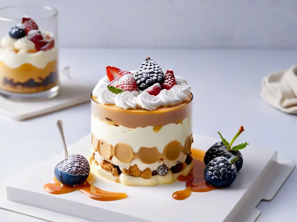 Postre en vaso con mousse, galletas, bayas y caramelo