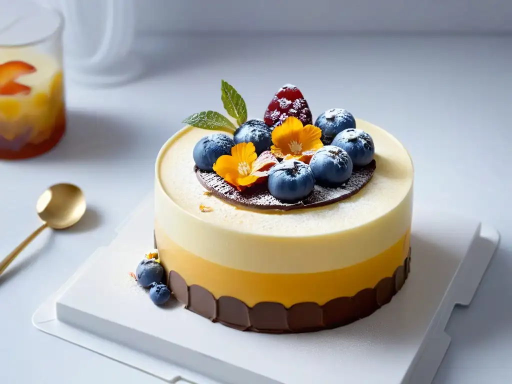 Un postre en vaso tendencia global: colorida compota de frutas, mousse de chocolate y flores comestibles en copa de cristal sobre mármol