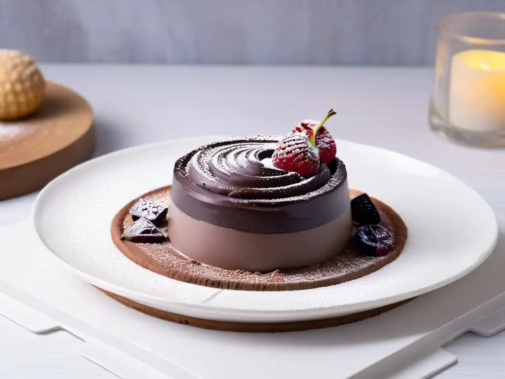 Postre vegano de alta gama: exquisita mousse de chocolate negro con frambuesa en elegante vajilla blanca