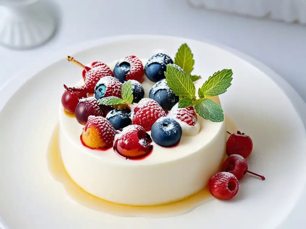 Panna cotta vegana: elegancia y sabor en cada detalle Un postre vegano con agar agar: panna cotta elegante y minimalista con frutos rojos y sirope dorado, sobre fondo blanco