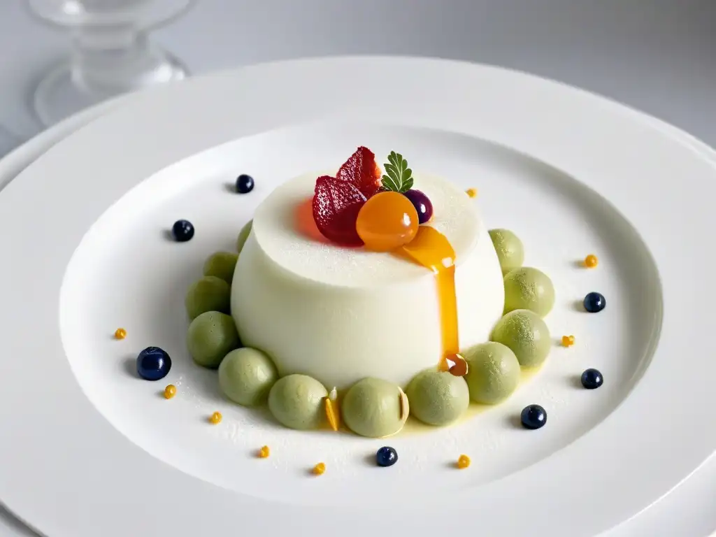 Dulce experimento gastronómico: Delicia molecular simétrica Postre de gastronomía molecular: simetría, colores vibrantes y texturas delicadas para mejorar postres con ciencia