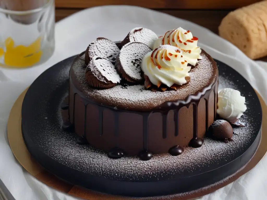 Fotografía postres alta gama: Exquisito lava cake de chocolate con helado de vainilla y salsa brillante