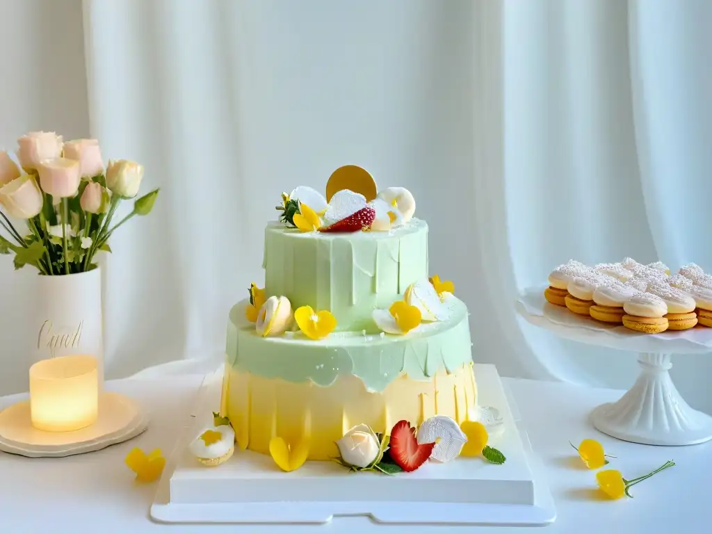 Postres angelicales para eventos especiales: una mesa de postres celestial con delicias pastel, decoración elegante y luz suave