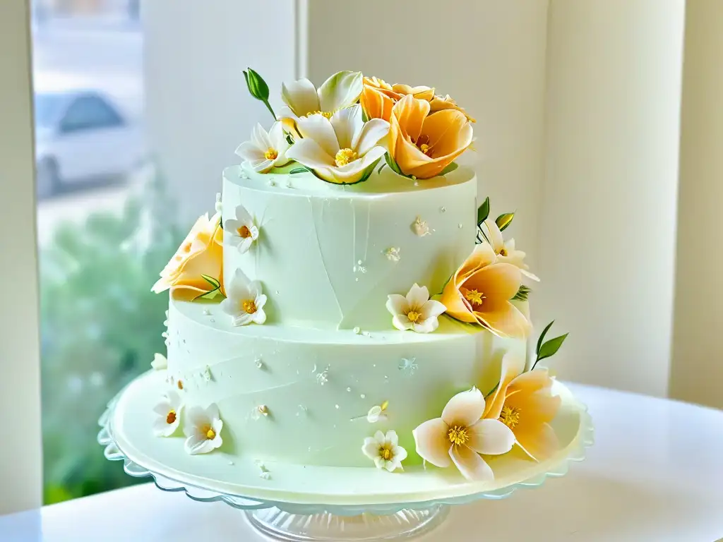 Postres angelicales para eventos especiales: Exquisita tarta blanca de tres pisos con flores de azúcar, elegante y sofisticada