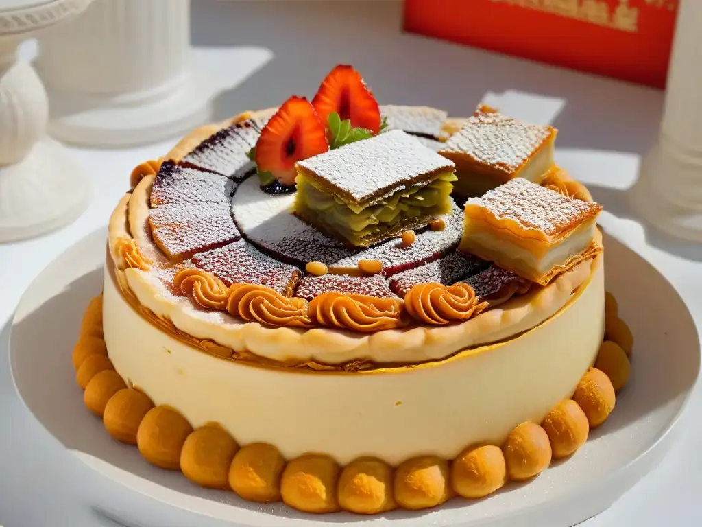 Postres árabes exóticos y deliciosos: Detalle de postres tradicionales como baklava y knafeh, con colores vibrantes y texturas increíbles