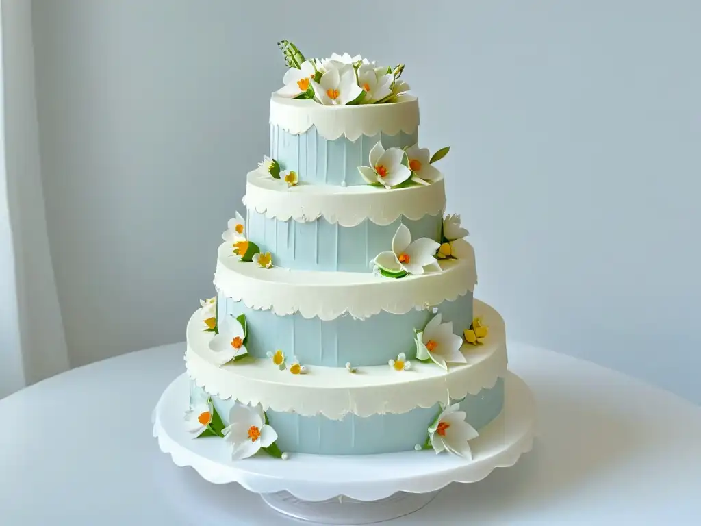 Postres de boda internacionales tendencia: Elegante pastel de tres pisos con flores y encajes, sobre pedestal moderno blanco