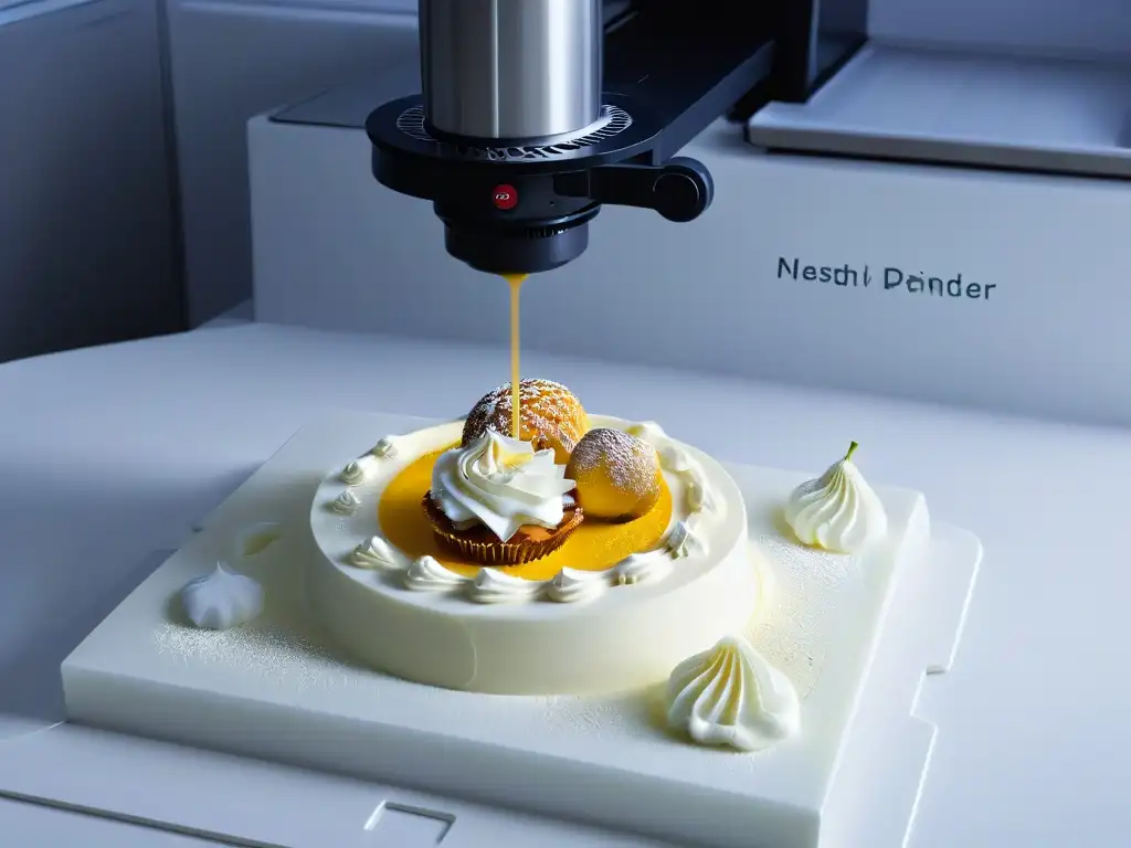 Postres 3D caseros diseño: Cocina moderna con impresora 3D creando un postre delicado, rodeada de tecnología y luz ambiental