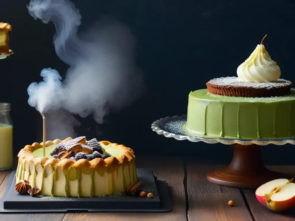 Evolución de postres caseros a lo largo de las décadas, desde clásicos como la tarta de manzana hasta creaciones modernas como el lava cake de matcha y el tiramisú deconstruido, representados con un estilo minimalista detallado