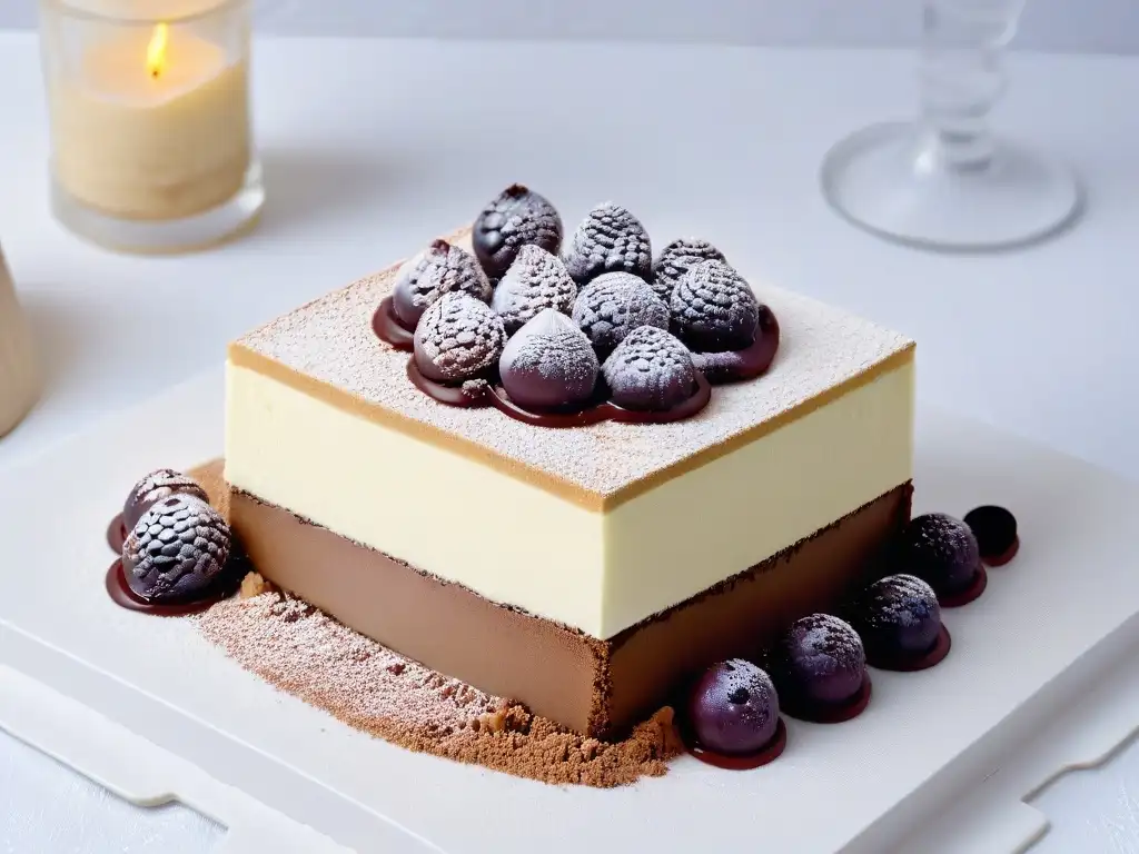 Delicioso tiramisú contemporáneo: capas de sabor reinventado Reinvención de postres clásicos: detallada imagen de tiramisú deconstruido con toques modernos