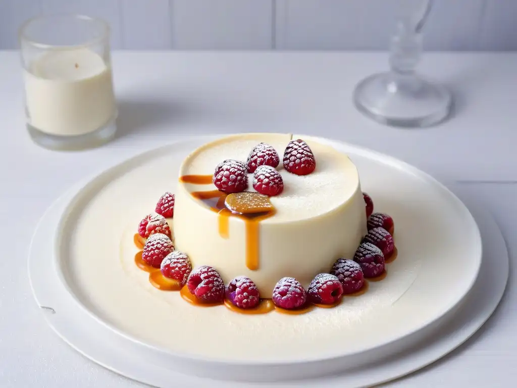 Reinvención de postres clásicos con diseño minimalista: Panna cotta con caramelo y frambuesa