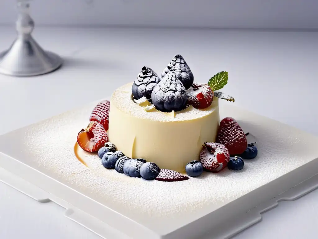 Reinvención de postres clásicos en diseño minimalista: exquisito mousse con bayas y azúcar glas