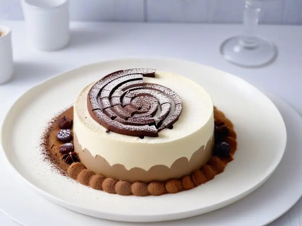 Reinvención de postres clásicos en era moderna: Tiramisú deconstruido con swirls de cacao y espuma de café sobre plato blanco minimalista