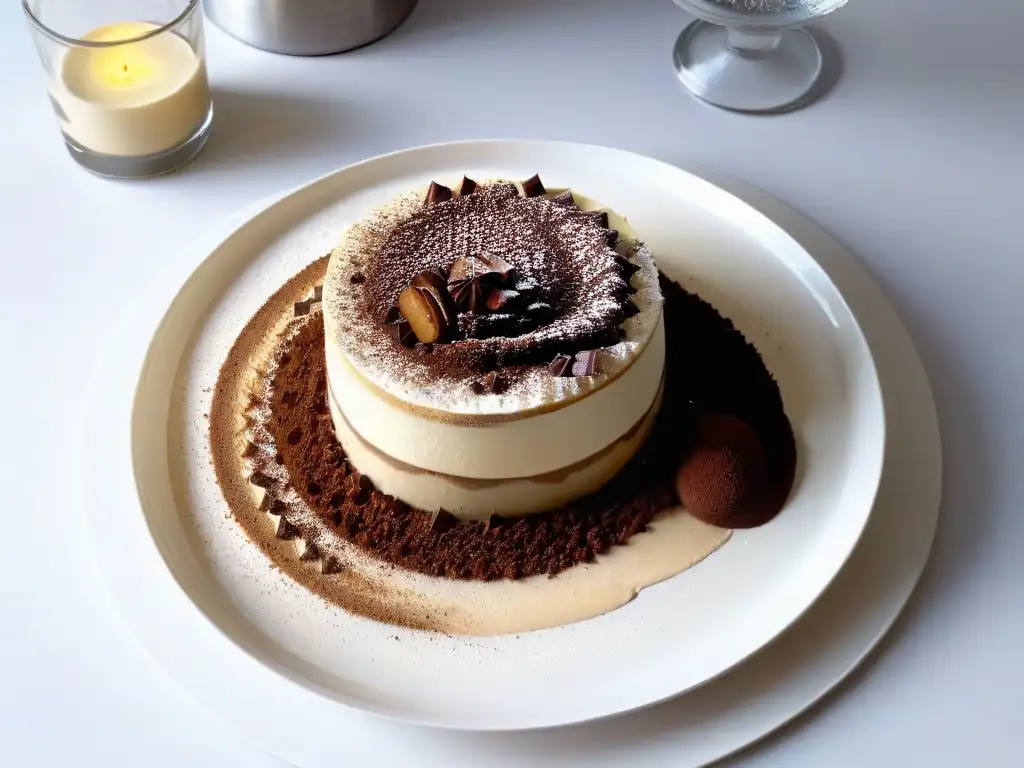 Tiramisú deconstruido: arte culinario minimalista Reinvención de postres clásicos: Tiramisú moderno y minimalista con capas de bizcocho, mousse de mascarpone y cacao en polvo
