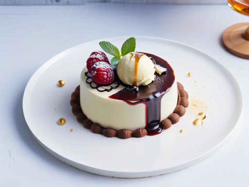 Exquisito postre de chocolate y frambuesa con hojuelas de oro Reinvención de postres clásicos con tendencias: exquisita combinación de sabores y texturas en un elegante postre
