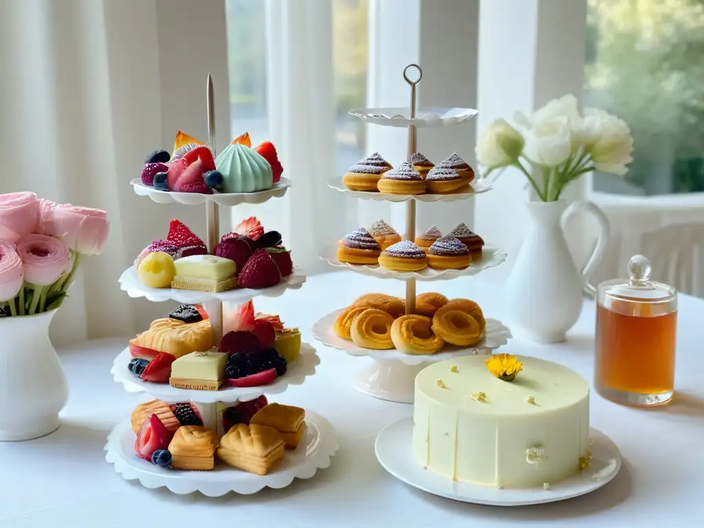 Postres delicados y té en una elegante ambientación para tarde de té