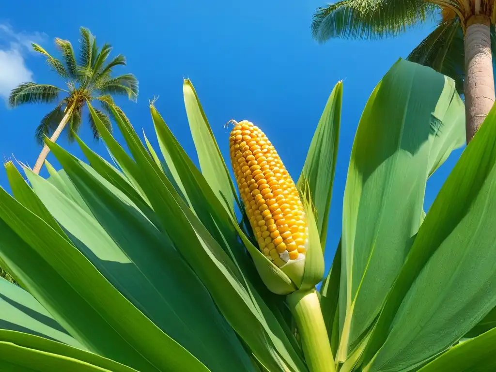 Maíz dorado entre palmeras verdes: ilustración detallada y armoniosa Postres con maíz y coco: Detalle dorado de maíz entre palmeras verdes bajo cielo azul sereno