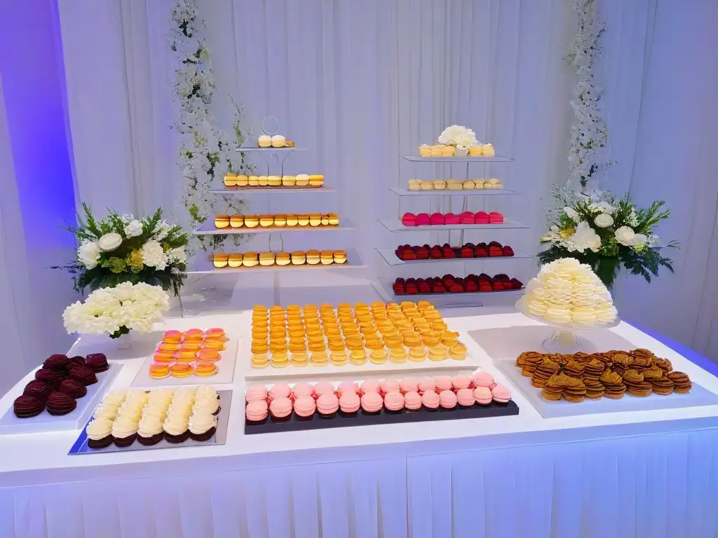 Estación de postres elegante en evento corporativo con delicias y decoración sofisticada