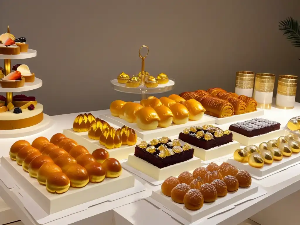 Estación de postres elegante en evento corporativo con exquisitos dulces en platos blancos y detalles dorados, iluminación suave y decoración moderna