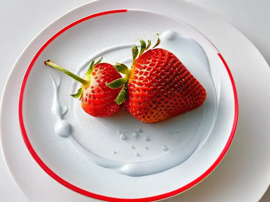 Postres exclusivos Comercio Justo: Detalle de una fresa madura y jugosa con gotas de agua, sobre un plato blanco