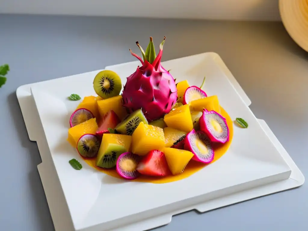 Postres exóticos tradicionales y tendencias: Una vibrante ensalada de frutas tropicales exóticas en un plato blanco moderno