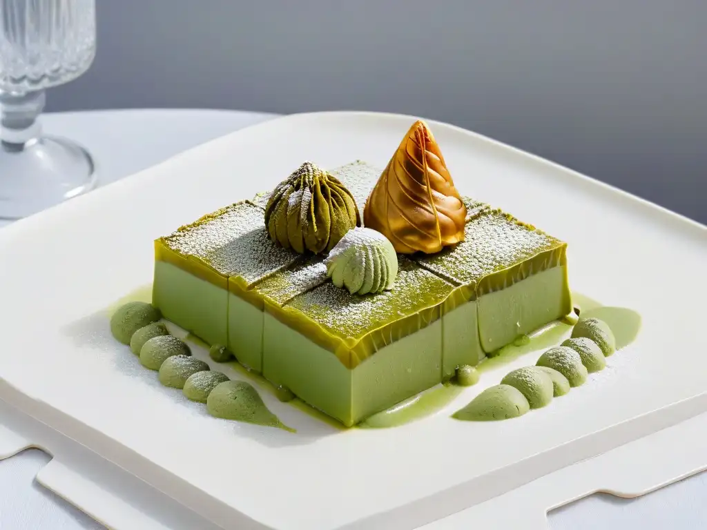 Postres exóticos: baklava turco y helado de matcha japonés en plato elegante con toques dorados