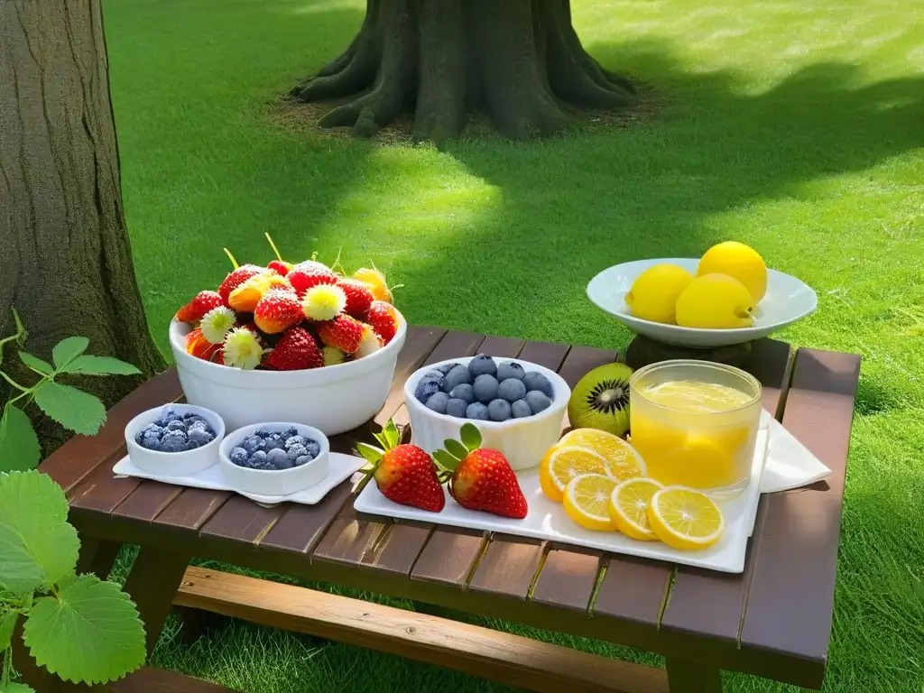 Postres fáciles para picnic primaveral: mesa de madera rústica con frutas coloridas y tarta de limón recién horneada en suaves luces de sol