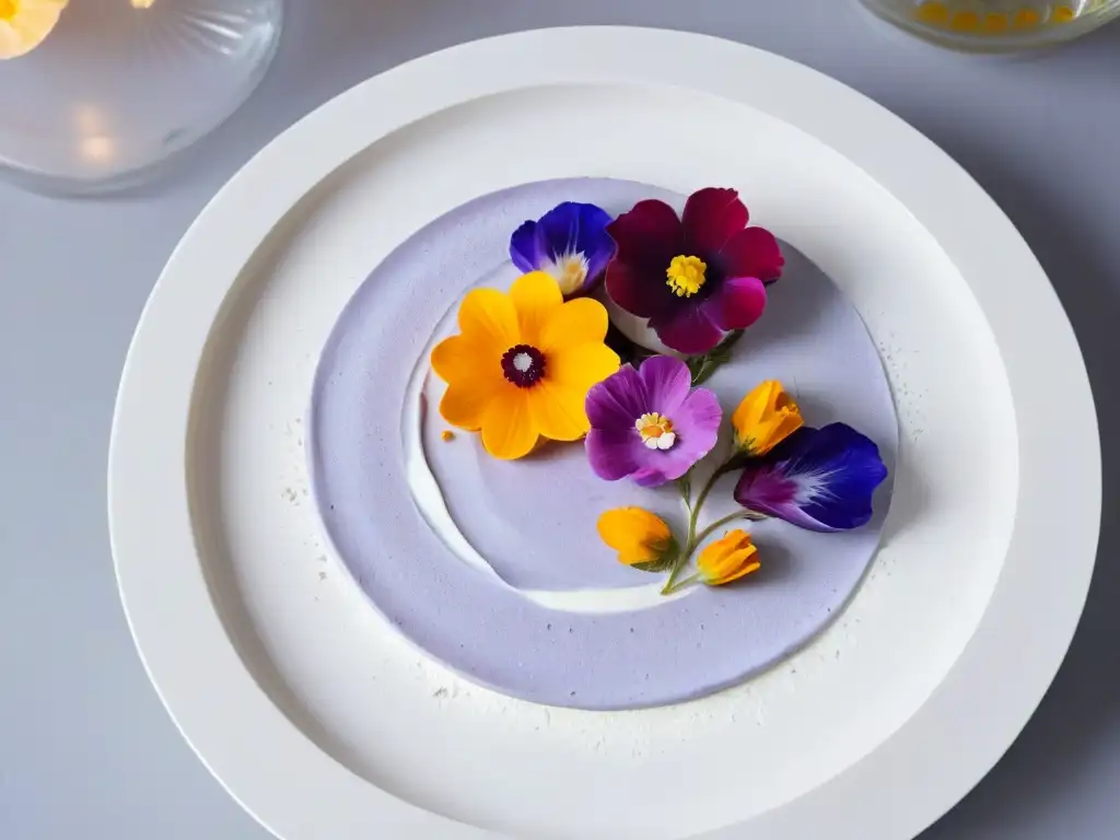 Decoración de postres con flores comestibles en un elegante y delicado postre adornado con flores vibrantes