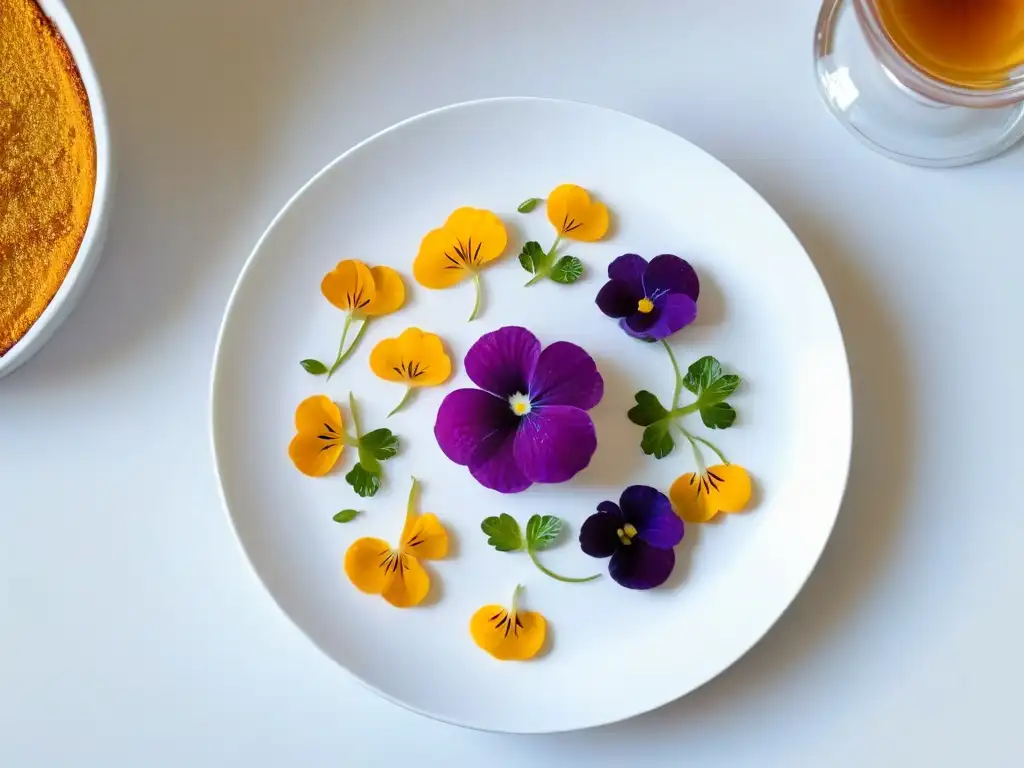 Decoración de postres con flores comestibles en un plato elegante y minimalista, detallado y vibrante