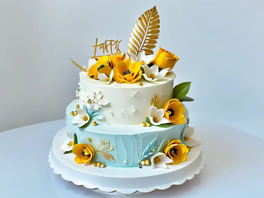 Postres fusión arte clásico: Delicado pastel con hoja de oro, flores de buttercream y esculturas de azúcar en fondo blanco