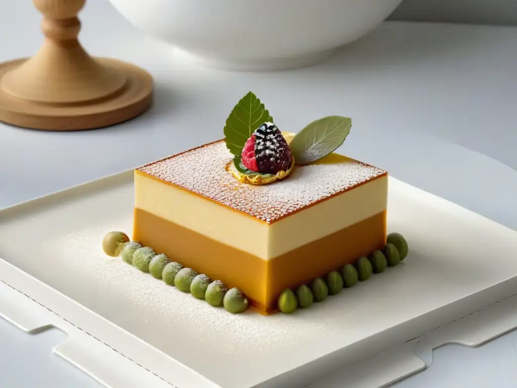 Postres fusionados tendencias globales: Obra maestra culinaria con sabores y texturas globales en un elegante plato blanco
