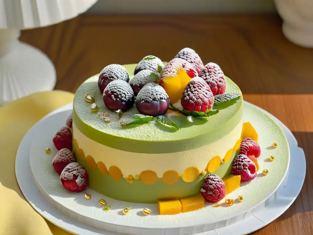 Postres fusionados tendencias globales: Exquisito postre de matcha, maracuyá, mango y oro comestible en plato blanco